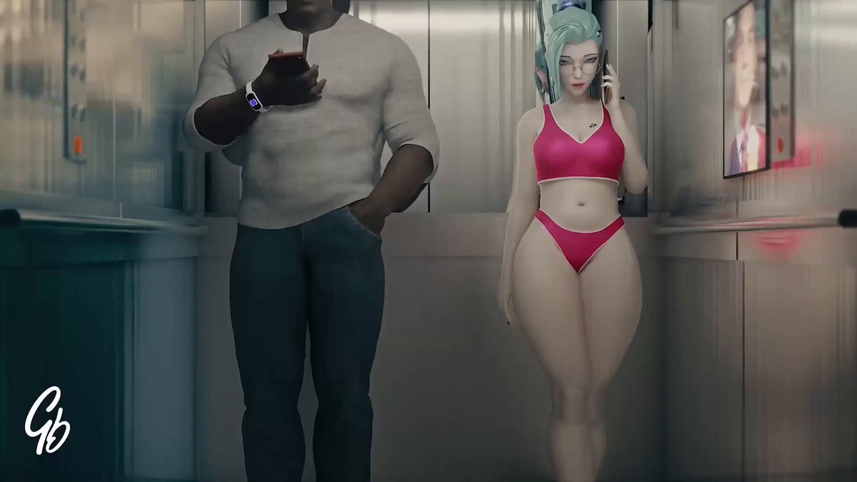 Black Man's Huge Cock Tempts Blue-Haired Big-Ass Beauty in the Elevator! Phone Flirting, Shaking Ass Waiting to Be Fucked