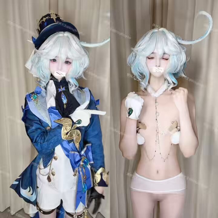 Genshin Arlecchino Cosplay! Silver‑haired elf girl gagged with exposed huge breasts — seductive striptease