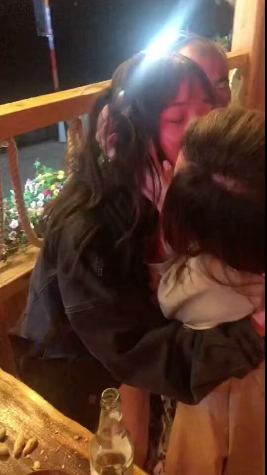 Bar Frenzy Deep Kiss! Long-haired Beauty Drunkly Tongue-Kisses and Passionately Hugs Her Boyfriend, Onlookers Peek Aroused