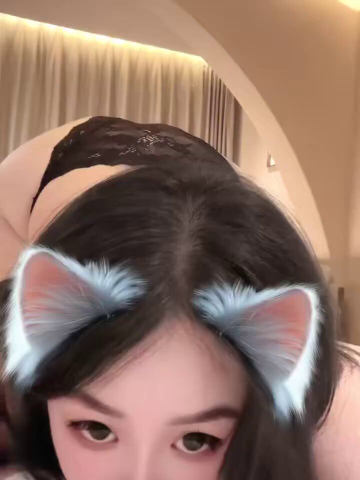 Cat-eared Beauty in Black Stockings Seduction — Moaning to Orgasm on a Hotel Bed