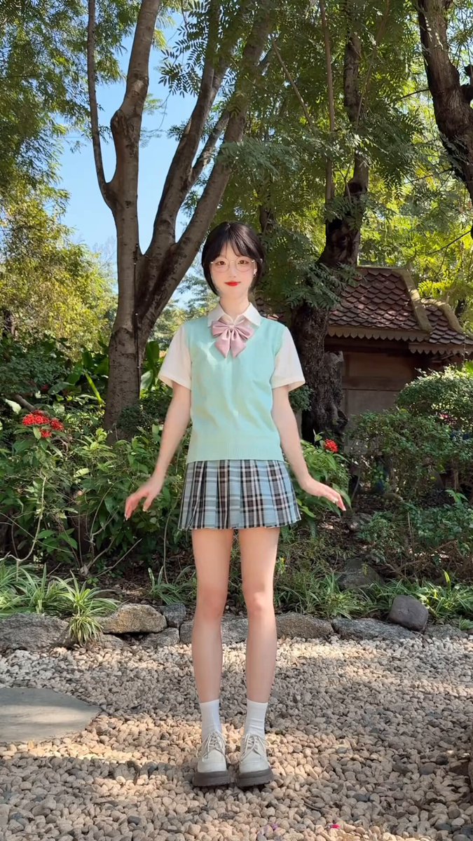 Innocent Black-Haired JK Girl Outdoor Teasing Poses — Ultra Short Skirt, Perky Butt, White-Stockinged Legs Full View