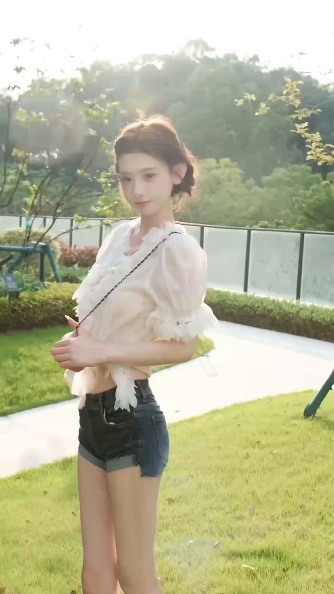 Outdoor Temptation! Long-Legged Beauty in See-Through Top and Ultra-Short Shorts Teasing the Catwalk