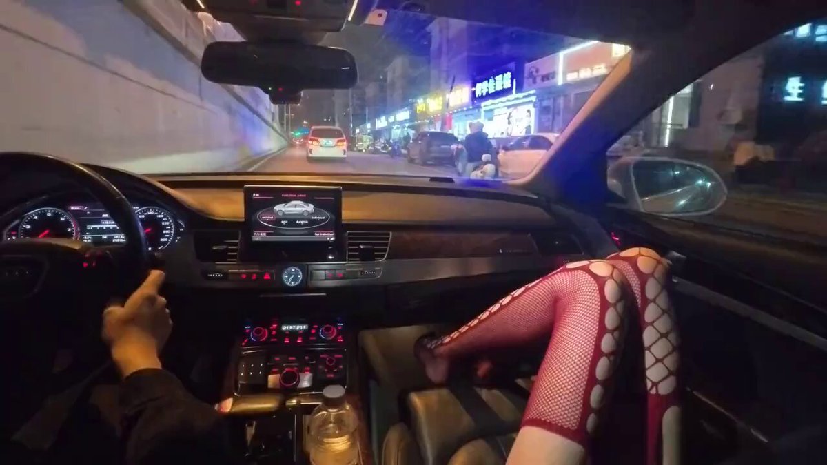 Midnight Joyride in a Luxury A6! Sexy Black-Stocking Beauty Crosses Her Legs to Tease the Macho Driver