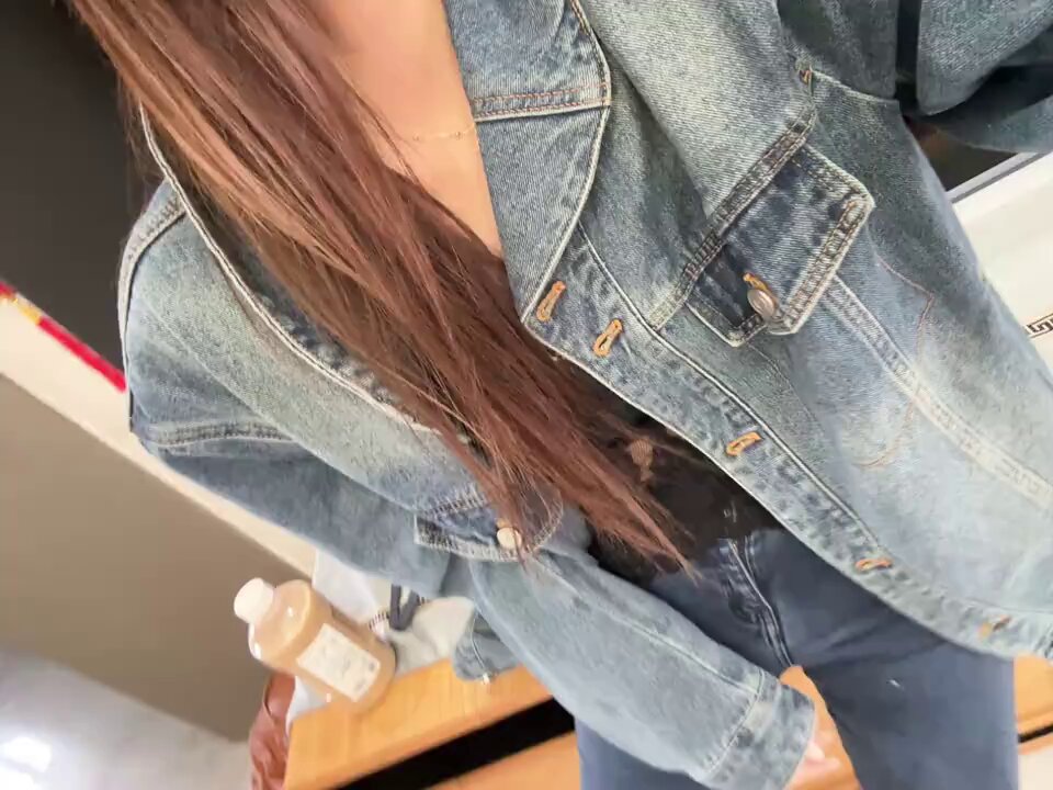 Long-haired Beauty in a Denim Jacket Tempts — Selfie with Bouncy Big Breasts, Super Seductive